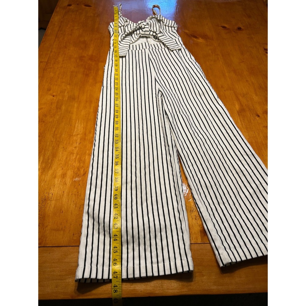 Main Strip Womens Black White Striped Tie Front Wide Leg Jumpsuit Small Cutout - Picture 6 of 13